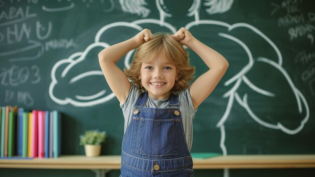 Photo strong child with drawn muscles on blackboard at school