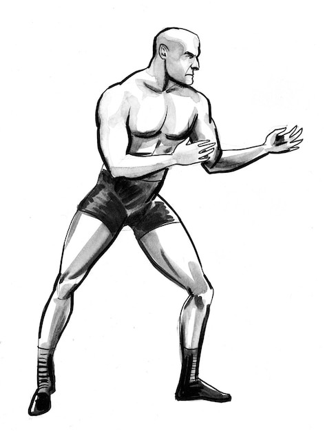 강한 서커스 레슬링 선수. 잉크 흑백 그림