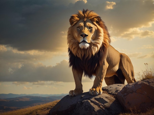 Strong and confident lion on a hill