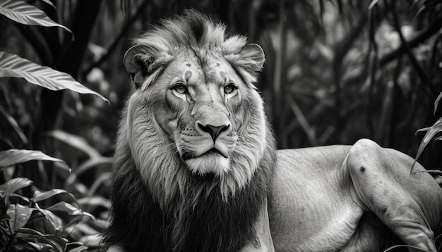 사진 정글 에 있는 수 사자 의 검은색 과 색 의 강한 대조