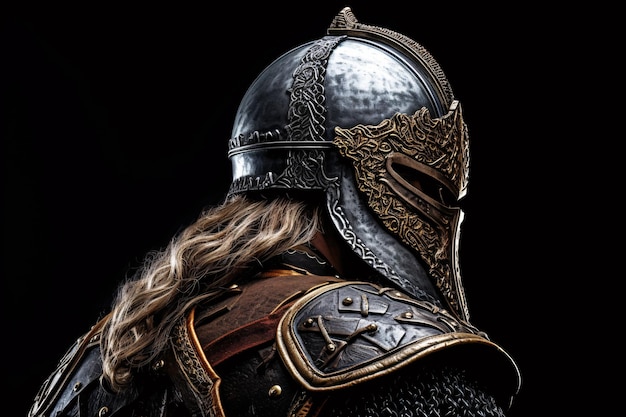 Сильный и бесстрашный средневековый воин в шлеме и доспехах с генеративным искусственным интеллектом с развевающимися волосами