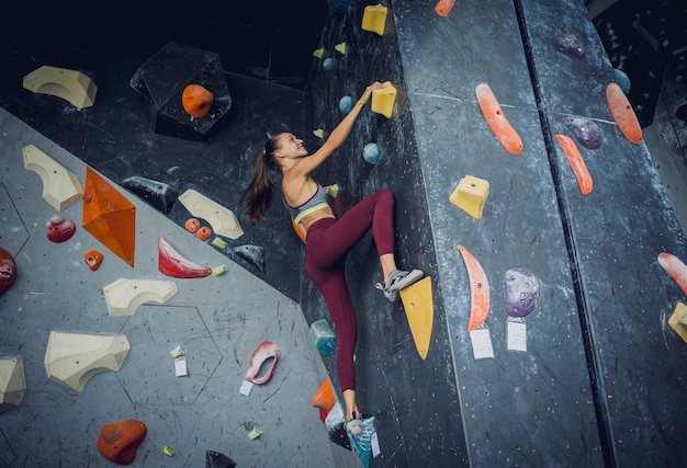 A strong female climber climbs an artificial wall with colorful grips and ropes