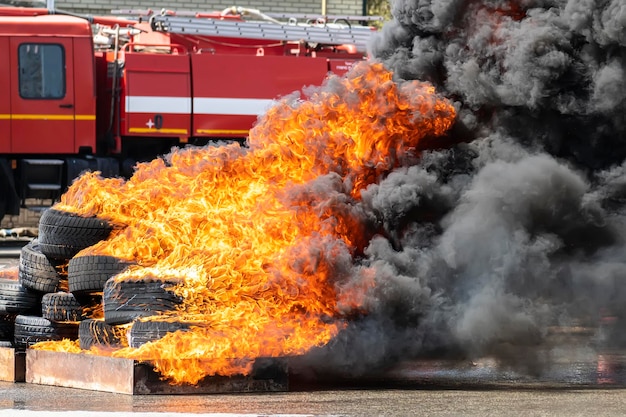 Strong flames from burning car tires on background of a fire\
truck firefighters training