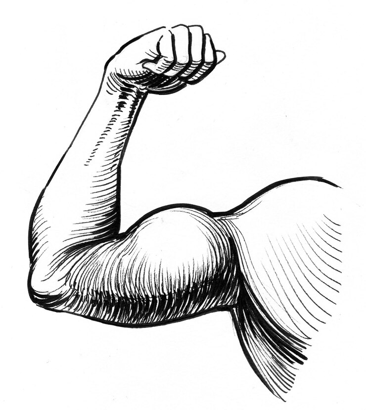 Photo strong hand flexing biceps. ink black and white drawing