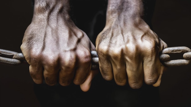 Сильные руки держат металлическую цепь, символизирующую силу и выносливость.