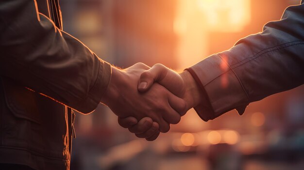 Strong handshake of men on the street under the scorching sun