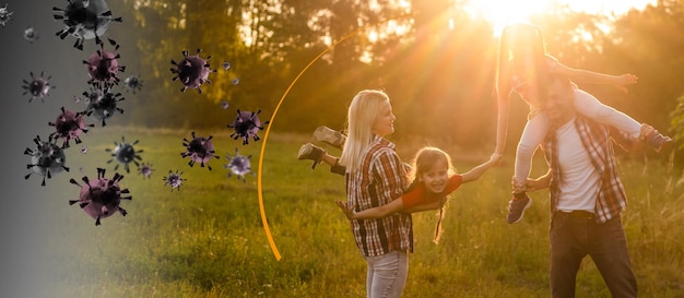 Strong immunity - healthy family. Happy parents with children protected from viruses and bacteria, illustration.