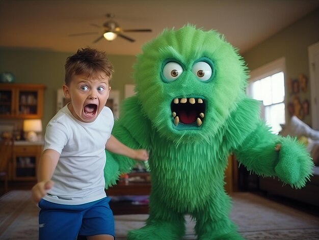 Photo strong kid challenge his nightmares and imaginary monster