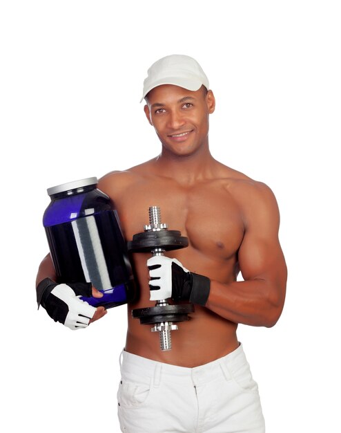 Photo strong latin american man with dumbbells drinking protein after training