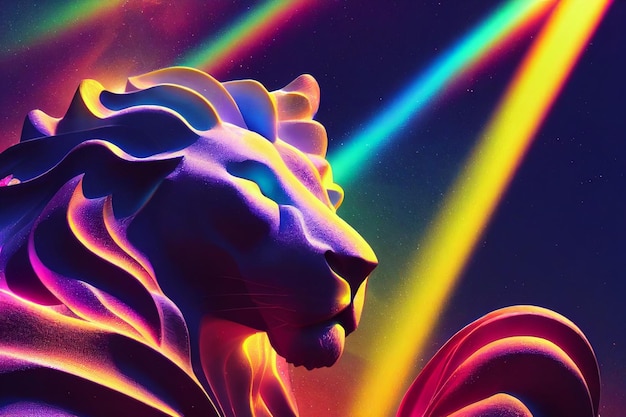 Photo strong lion king with multicolored visual concept lights rays