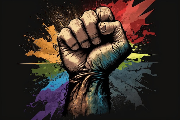 Strong male fist with colorful splashes on black background BLM black lives matter