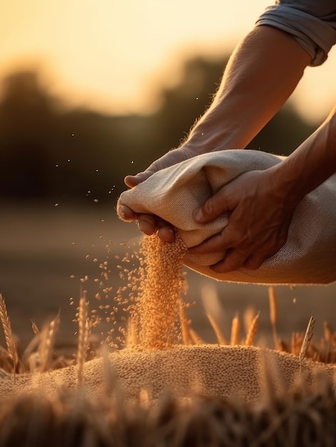 Strong male hands holding a sack of grain Ripe wheat is pouring from the bag Sunset sun blurred backdrop Generative AI