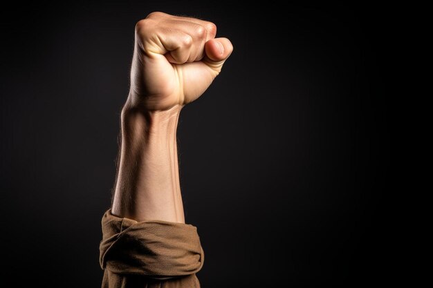 Photo strong male man raised fist on a black background