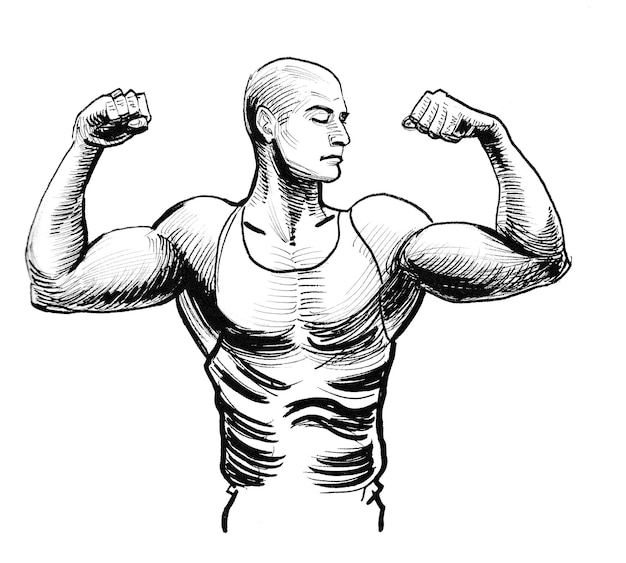 Strong man flexing biceps. Ink black and white drawing