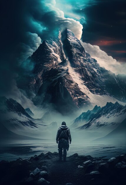 Strong man hiking to peak of snow mountain on cold winter Created with Generative AI technology