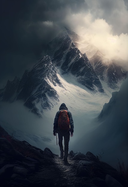 Strong man hiking to peak of snow mountain on cold winter Created with Generative AI technology