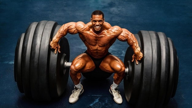 Strong man posing with a dumbbell on dark blue surface