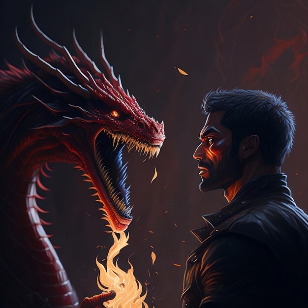 a strong man vs a red dragon Created with artificial intelligence