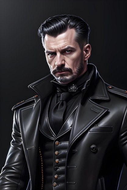 Strong man wearing elegant black leather overcoat AI Generative