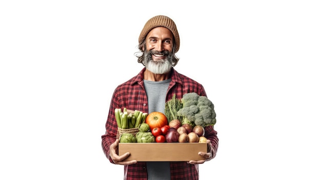 Photo strong man with a box of fruits and vegetables on a white background