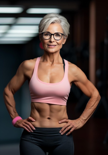 Strong mature woman posing in the gym