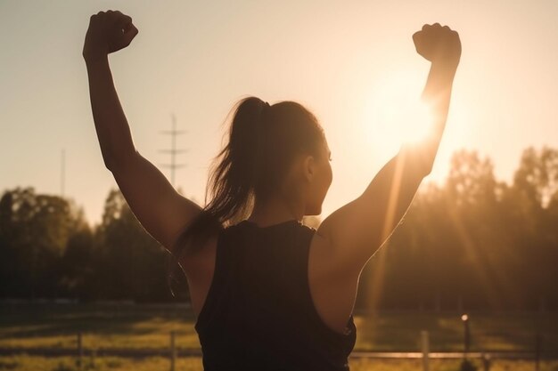 写真 強い動機付けの女性が太陽に向かって運動目標を祝っています