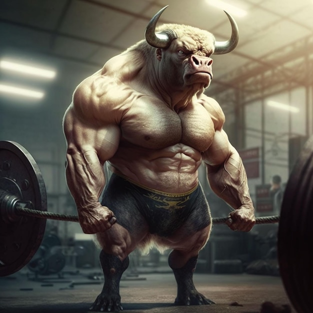 A strong muscular bull with horns stands in a gym with a barbell.
