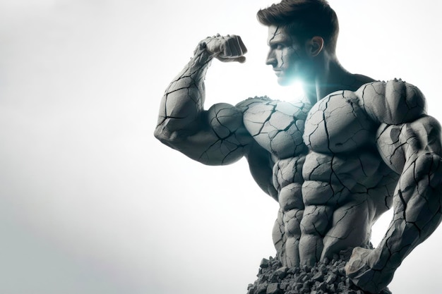 Photo strong muscular male formed from cracked concrete isolated on a white background ai generative