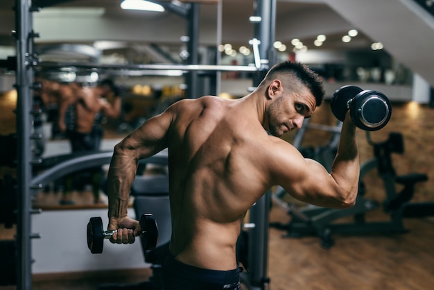 Strong muscular man posing with dumbbells in a gym