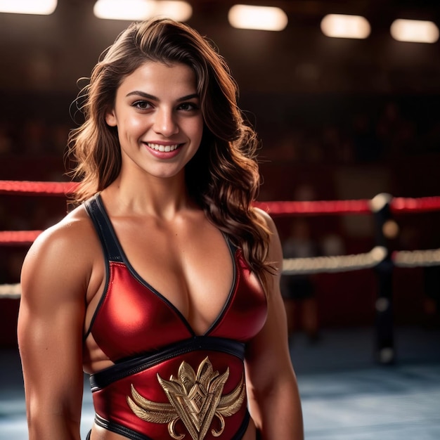 Strong muscular smiling woman professional wrester confident and brave