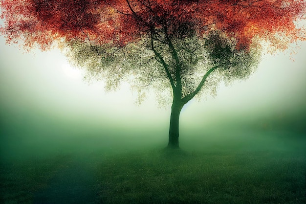 Strong mystical tree with fog 3d illustrated