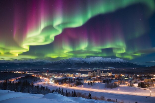 Photo strong northern lights aurora borealis substorm on night sky over downtown whitehorse capital of the yukon territory canada in winter