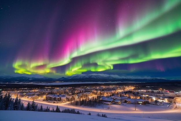 Photo strong northern lights aurora borealis substorm on night sky over downtown whitehorse capital of the yukon territory canada in winter