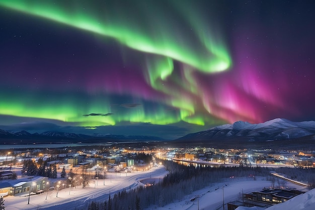 Strong northern lights Aurora borealis substorm on night sky over downtown Whitehorse capital of the Yukon Territory Canada in winter