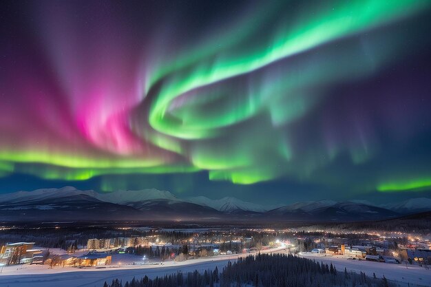 Photo strong northern lights aurora borealis substorm on night sky over downtown whitehorse capital of the yukon territory canada in winter