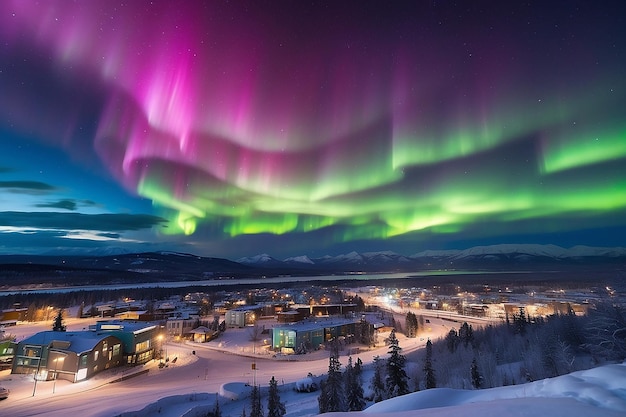 Photo strong northern lights aurora borealis substorm on night sky over downtown whitehorse capital of the yukon territory canada in winter