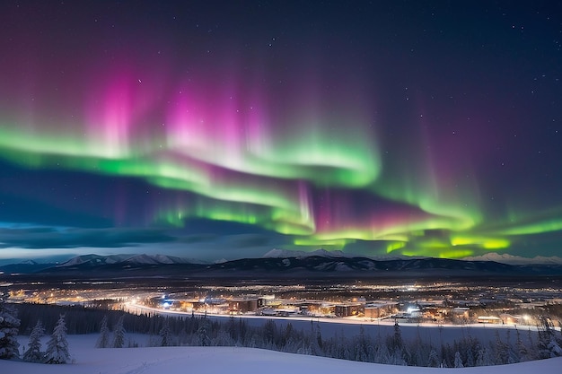 Photo strong northern lights aurora borealis substorm on night sky over downtown whitehorse capital of the yukon territory canada in winter