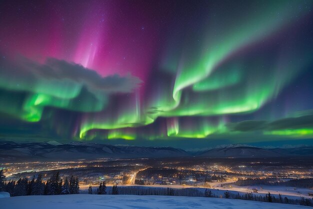 Photo strong northern lights aurora borealis substorm on night sky over downtown whitehorse capital of the yukon territory canada in winter