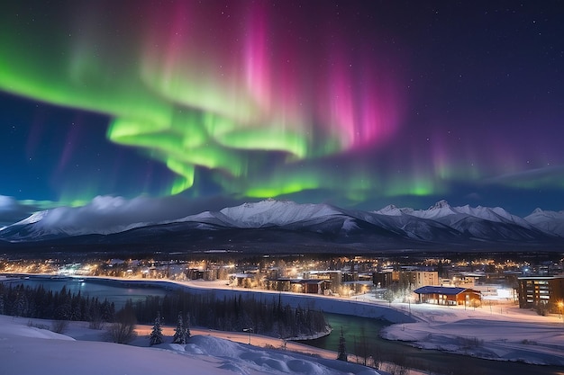 Strong northern lights Aurora borealis substorm on night sky over downtown Whitehorse capital of the Yukon Territory Canada in winter