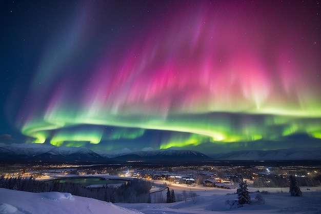 Photo strong northern lights aurora borealis substorm on night sky over downtown whitehorse capital of the yukon territory canada in winter