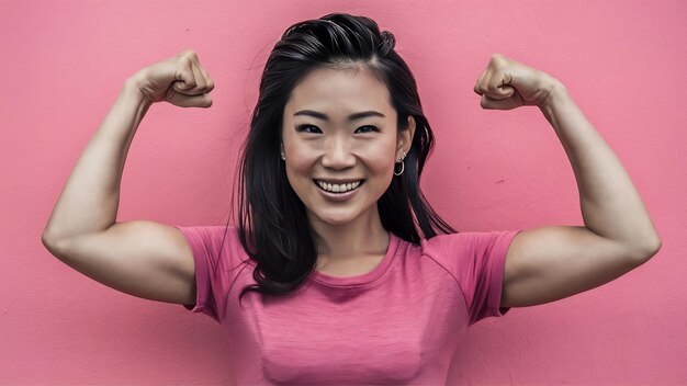 Strong powerful asian woman with dark combed hair toothy smile raises arms and shows biceps has