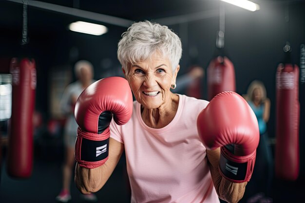 Strong senior sportswoman practicing boxing