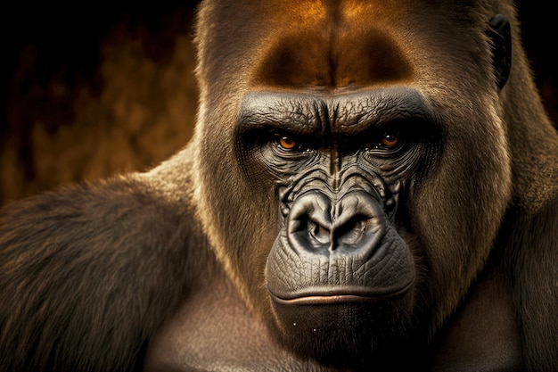 Strong and stern look of large gorilla in closeup portrait