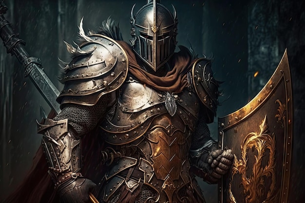 Strong warlike warrior in armor with shield and sword guardian warrior