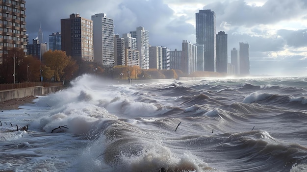 Photo strong waves crash against a citys shoreline threatening the buildings and infrastructure