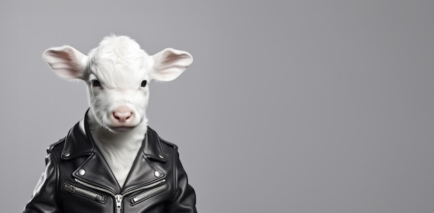 Photo strong white calf in a black leather jacket on a gray background high quality photo