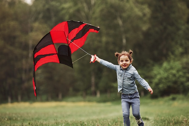 Strong wind is coming, it's good. Happy girl in jeans running with kite in the field. Beautiful nature