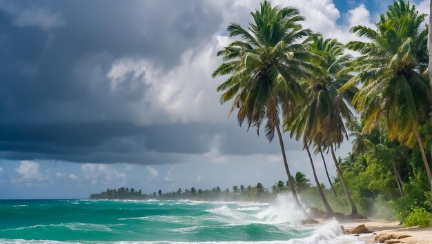 強い熱帯の嵐の風 パームの木 海岸