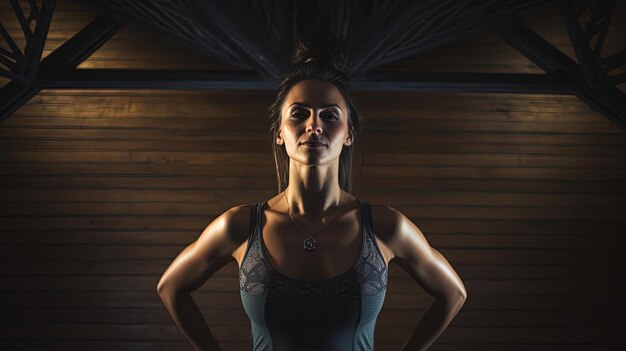 Foto una donna forte che fa yoga nello stile della vista aerea