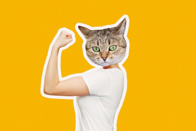 Strong woman headed by cat head shows bicep Support animal rights activism Trendy collage